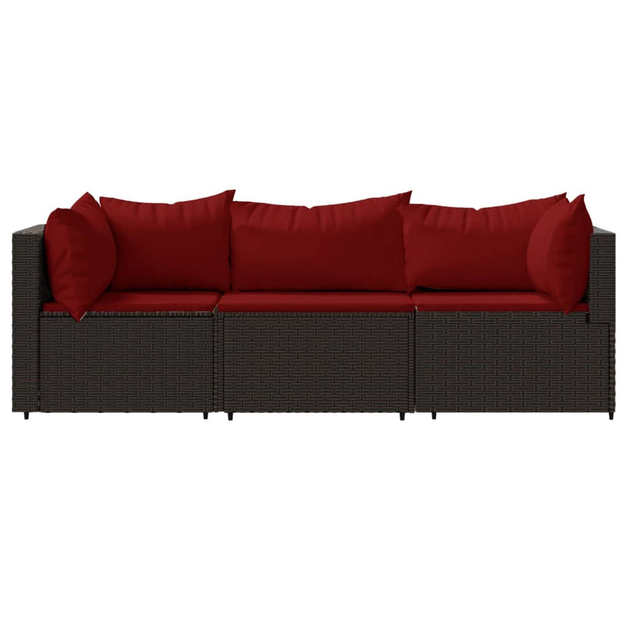 3-Delige Loungeset Met Kussens Poly Rattan Bruin en rood 2x hoek + midden