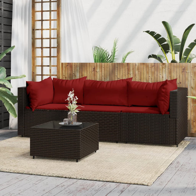 4-Delige Loungeset Met Kussens Poly Rattan Bruin en rood 2x hoek + midden + Tafel