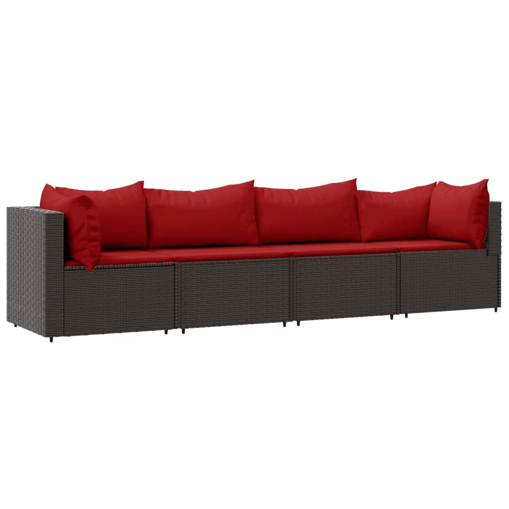 4-Delige Loungeset Met Kussens Poly Rattan Bruin en rood 2x hoek + 2x midden