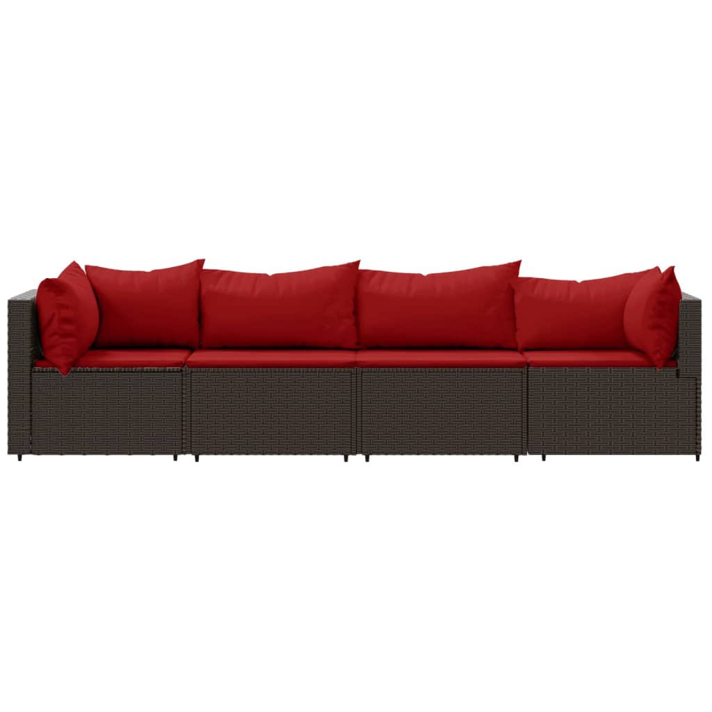 4-Delige Loungeset Met Kussens Poly Rattan Bruin en rood 2x hoek + 2x midden