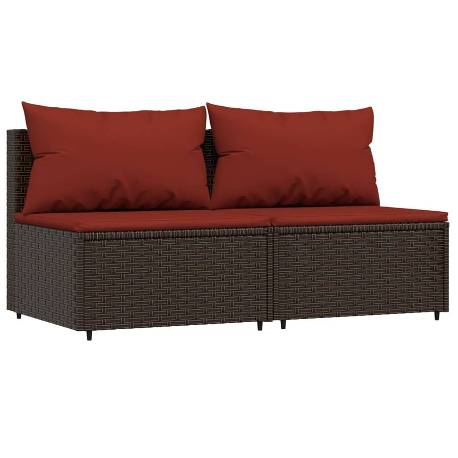 Tuinmiddenbanken Met Kussens 2 St Poly Rattan Bruin en rood 2x midden