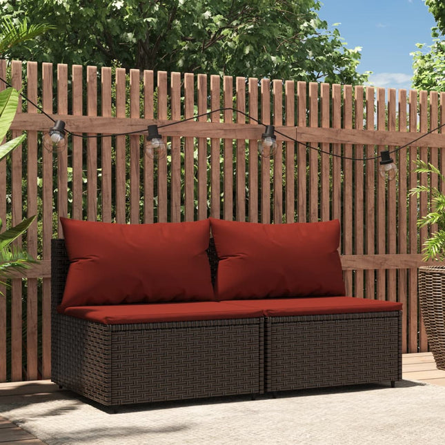 Tuinmiddenbanken Met Kussens 2 St Poly Rattan Bruin en rood 2x midden