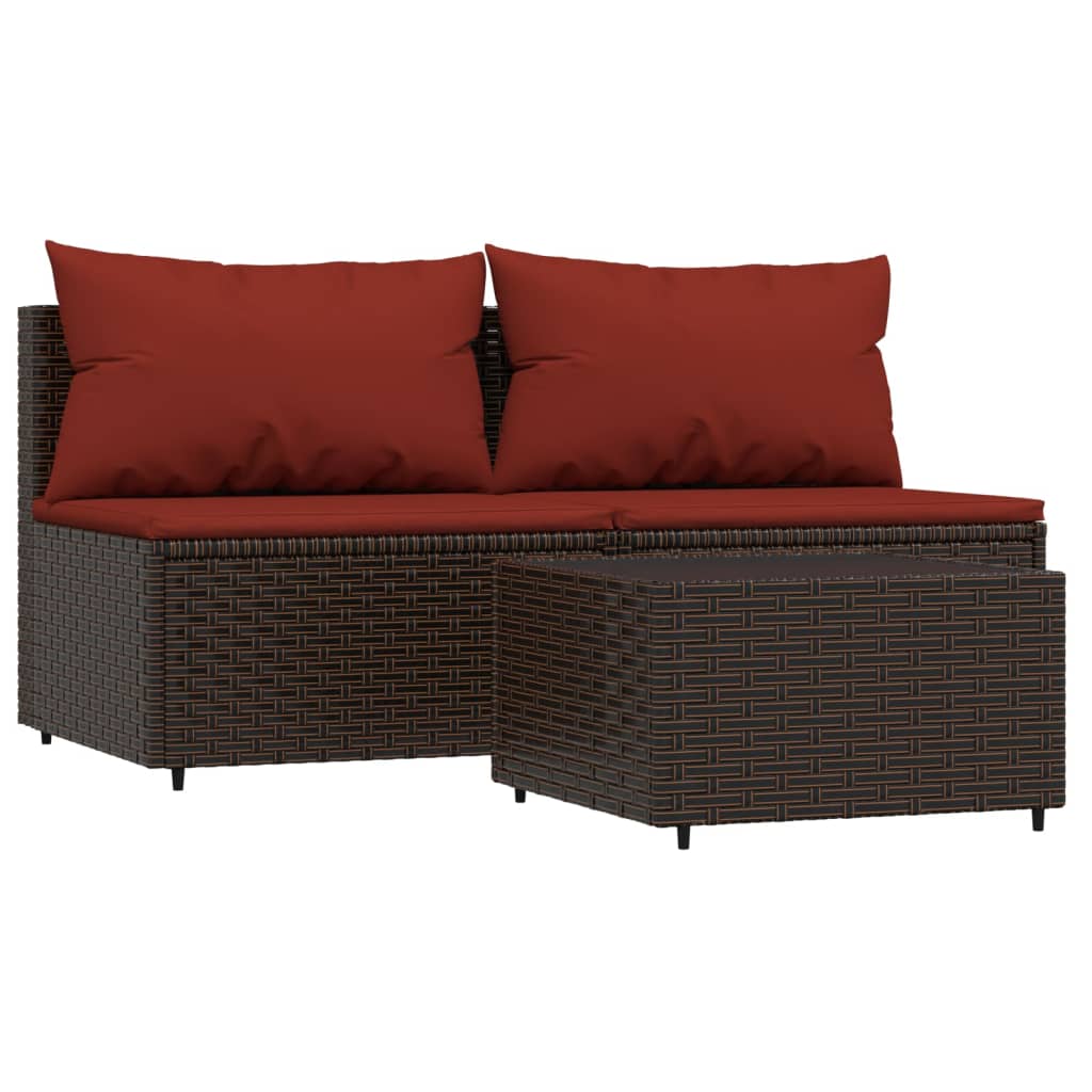3-Delige Loungeset Met Kussens Poly Rattan Bruin en rood 2x midden + Tafel