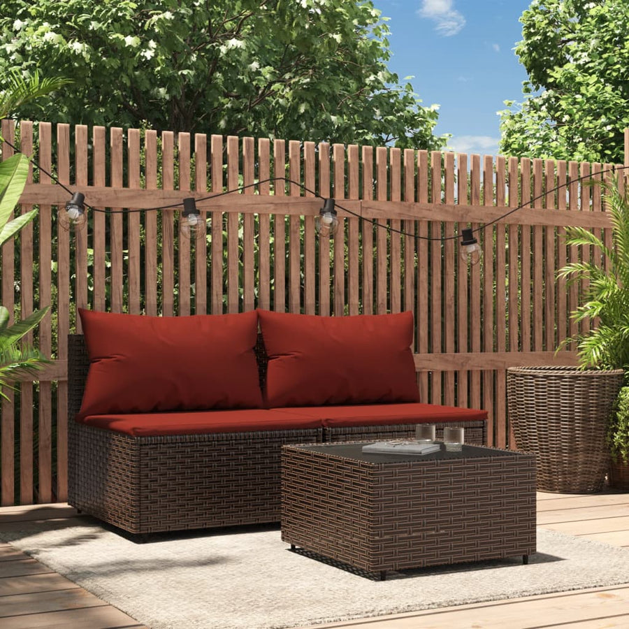 3-Delige Loungeset Met Kussens Poly Rattan Bruin en rood 2x midden + Tafel