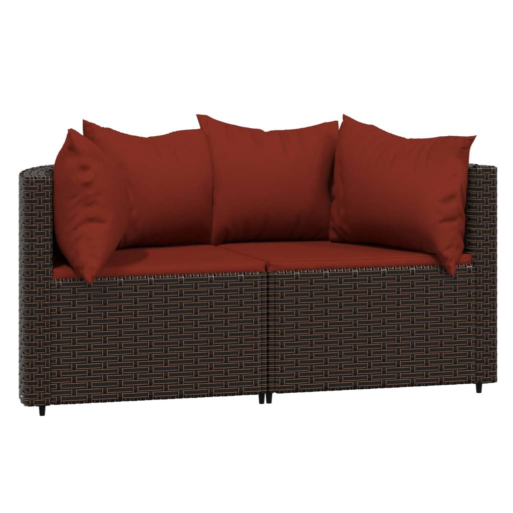 Tuinhoekbanken Met Kussens 2 St Poly Rattan Bruin en rood 2x hoek