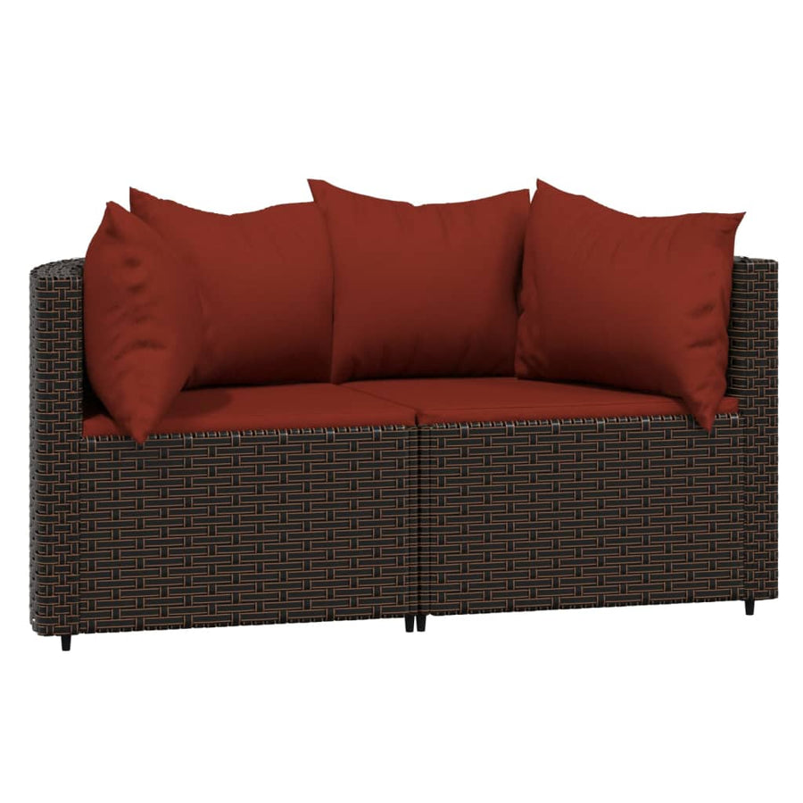 Tuinhoekbanken Met Kussens 2 St Poly Rattan Bruin en rood 2x hoek