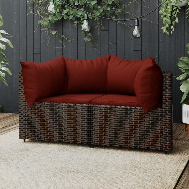 Tuinhoekbanken Met Kussens 2 St Poly Rattan Bruin en rood 2x hoek