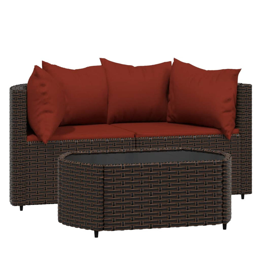 3-Delige Loungeset Met Kussens Poly Rattan Bruin en rood 2x hoek + Tafel