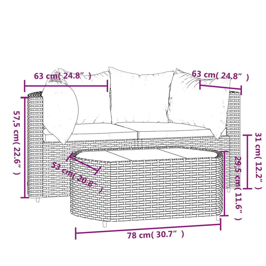 3-Delige Loungeset Met Kussens Poly Rattan Bruin en rood 2x hoek + Tafel