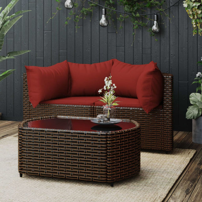 3-Delige Loungeset Met Kussens Poly Rattan Bruin en rood 2x hoek + Tafel