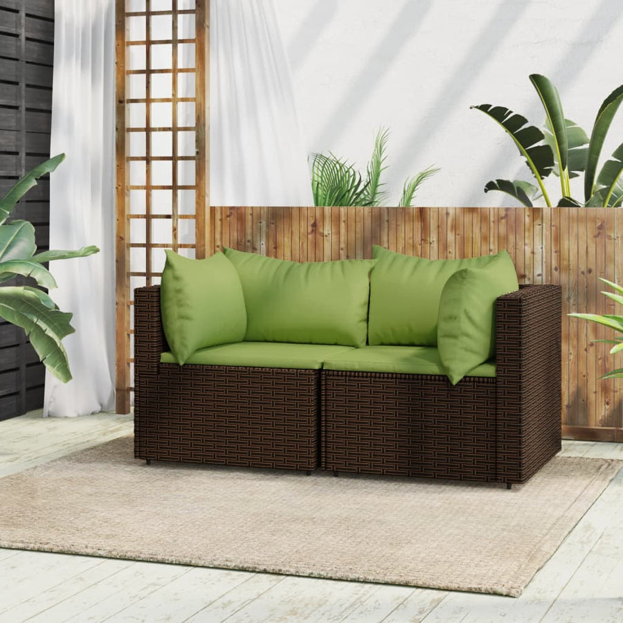 Tuinhoekbanken Met Kussens 2 St Poly Rattan Bruin en groen 2x hoek