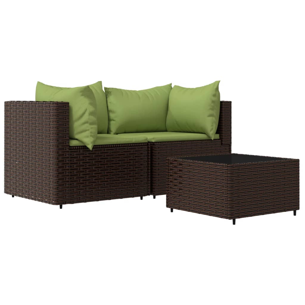 3-Delige Loungeset Met Kussens Poly Rattan Bruin en groen 2x hoek + Tafel