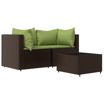 3-Delige Loungeset Met Kussens Poly Rattan Bruin en groen 2x hoek + Tafel