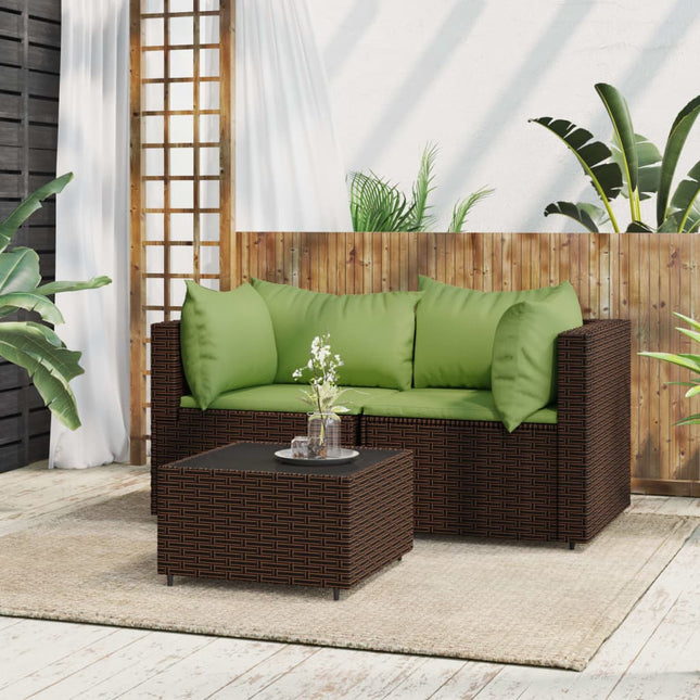 3-Delige Loungeset Met Kussens Poly Rattan Bruin en groen 2x hoek + Tafel