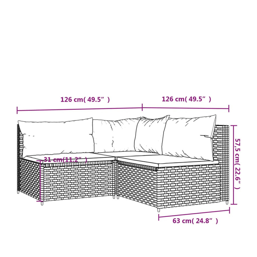 3-Delige Loungeset Met Kussens Poly Rattan Bruin en groen hoek + 2x midden