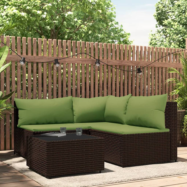 4-Delige Loungeset Met Kussens Poly Rattan Bruin en groen hoek + 2x midden + Tafel