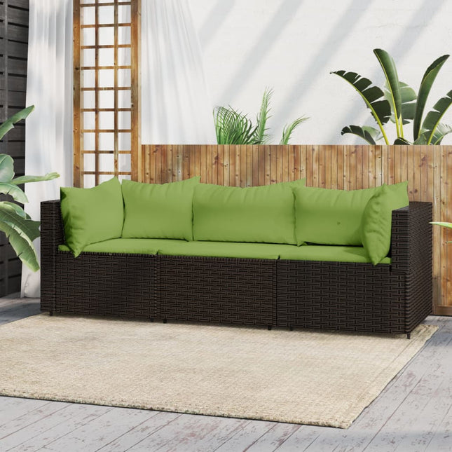 3-Delige Loungeset Met Kussens Poly Rattan Bruin en groen 2x hoek + midden