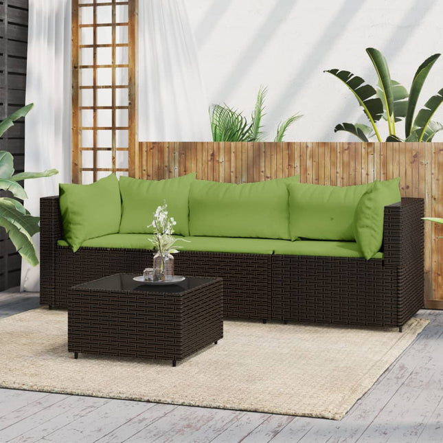 4-Delige Loungeset Met Kussens Poly Rattan Bruin en groen 2x hoek + midden + Tafel