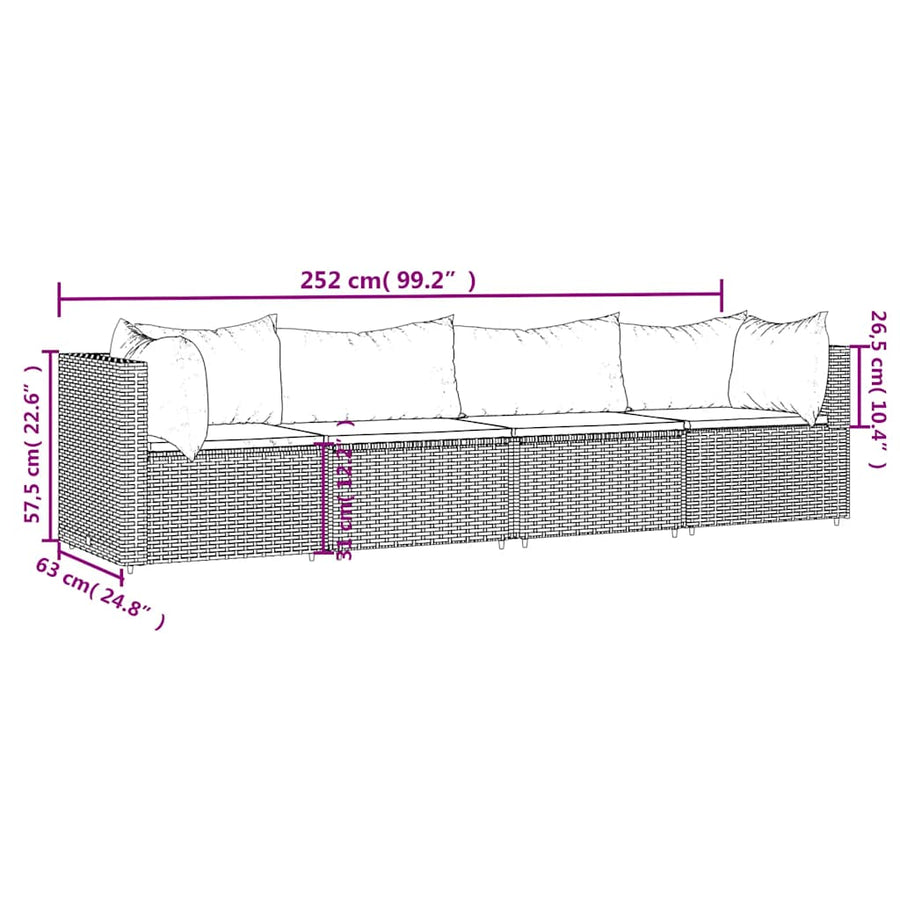 4-delige Loungeset met kussens poly rattan bruin