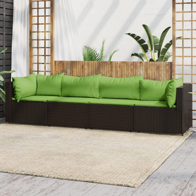 4-Delige Loungeset Met Kussens Poly Rattan Bruin en groen 2x hoek + 2x midden