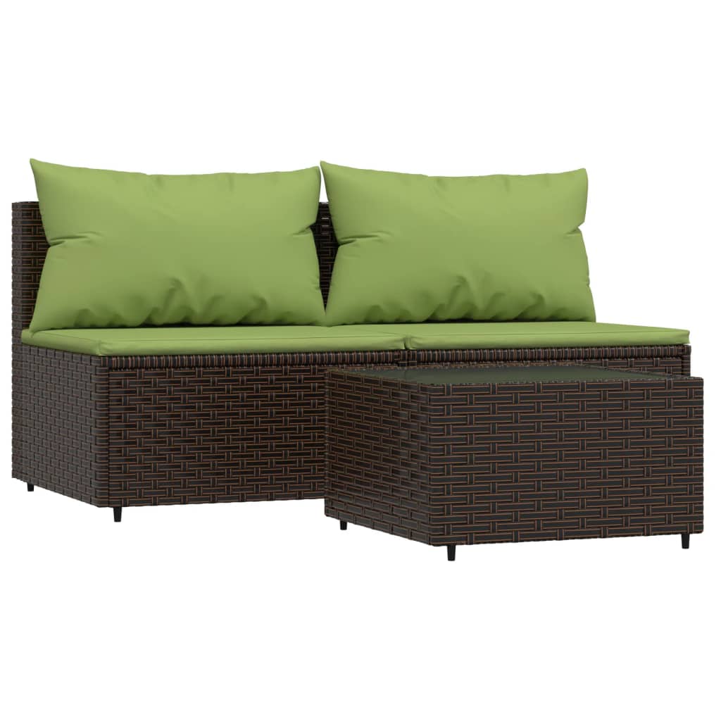 3-Delige Loungeset Met Kussens Poly Rattan Bruin en groen 2x midden + Tafel