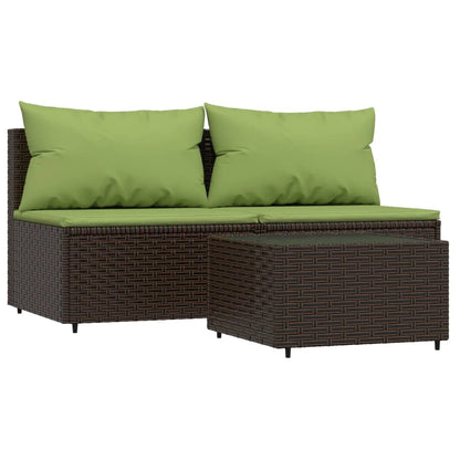 3-Delige Loungeset Met Kussens Poly Rattan Bruin en groen 2x midden + Tafel