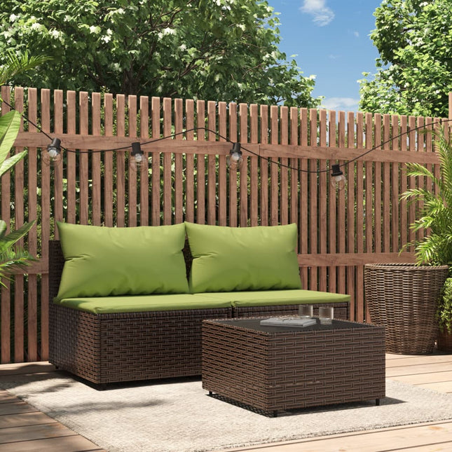 3-Delige Loungeset Met Kussens Poly Rattan Bruin en groen 2x midden + Tafel