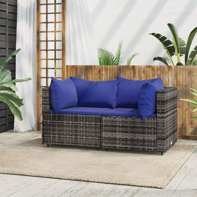 Tuinhoekbanken Met Kussens 2 St Poly Rattan Grijs en blauw 2x hoek