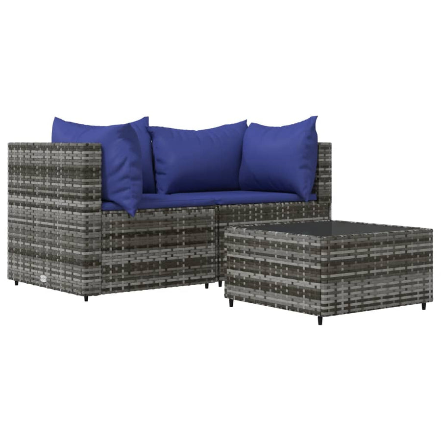 3-Delige Loungeset Met Kussens Poly Rattan Grijs en blauw 2x hoek + Tafel