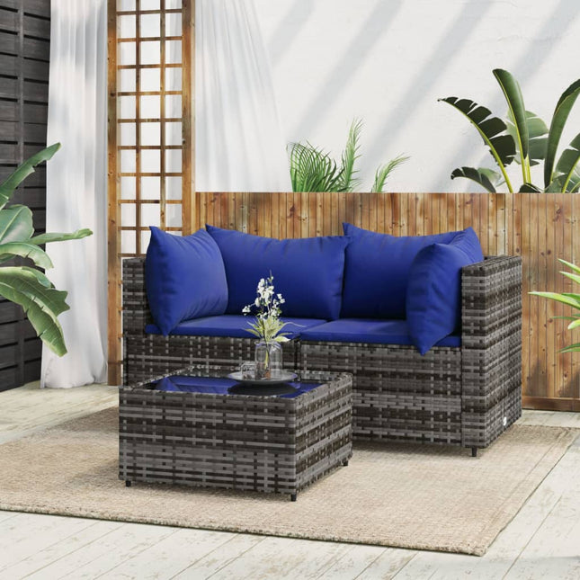 3-Delige Loungeset Met Kussens Poly Rattan Grijs en blauw 2x hoek + Tafel