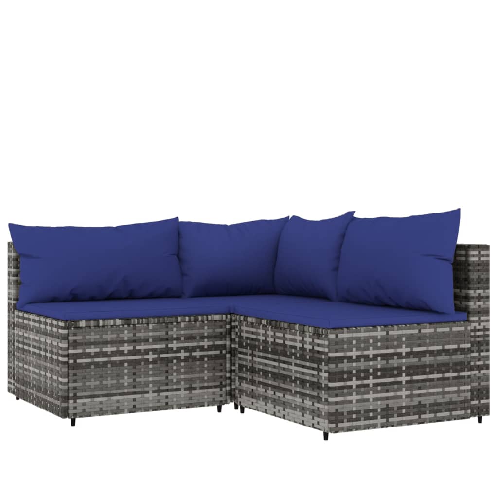 3-Delige Loungeset Met Kussens Poly Rattan Grijs en blauw hoek + 2x midden