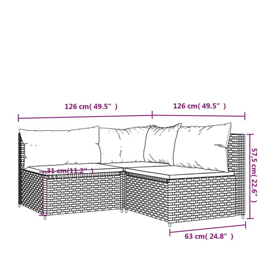 3-Delige Loungeset Met Kussens Poly Rattan Grijs en blauw hoek + 2x midden