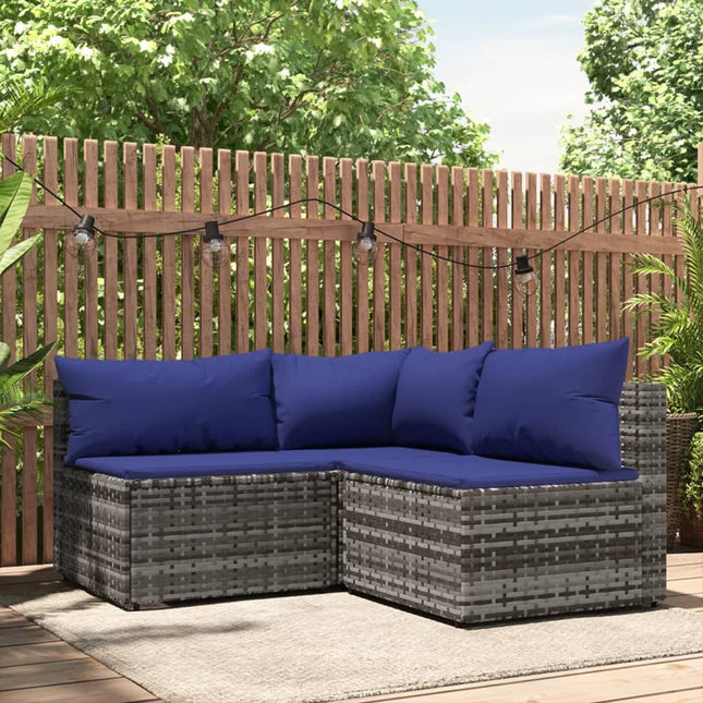 3-Delige Loungeset Met Kussens Poly Rattan Grijs en blauw hoek + 2x midden