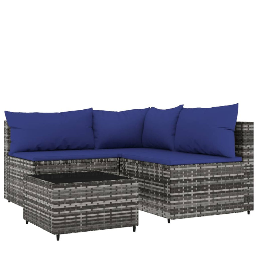 4-Delige Loungeset Met Kussens Poly Rattan Grijs en blauw hoek + 2x midden + Tafel