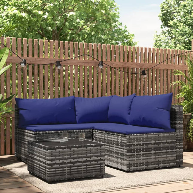 4-Delige Loungeset Met Kussens Poly Rattan Grijs en blauw hoek + 2x midden + Tafel