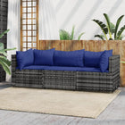 3-Delige Loungeset Met Kussens Poly Rattan Grijs en blauw 2x hoek + midden