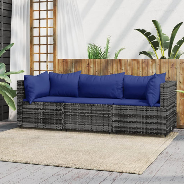 3-Delige Loungeset Met Kussens Poly Rattan Grijs en blauw 2x hoek + midden