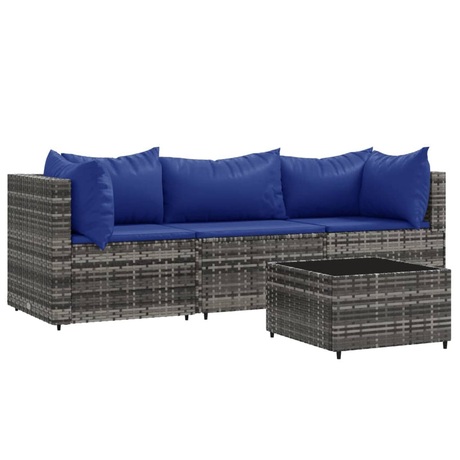 4-Delige Loungeset Met Kussens Poly Rattan Grijs en blauw 2x hoek + midden + Tafel