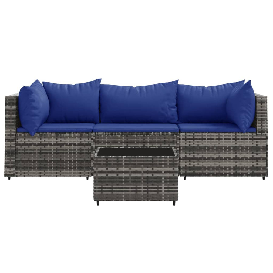 4-Delige Loungeset Met Kussens Poly Rattan Grijs en blauw 2x hoek + midden + Tafel