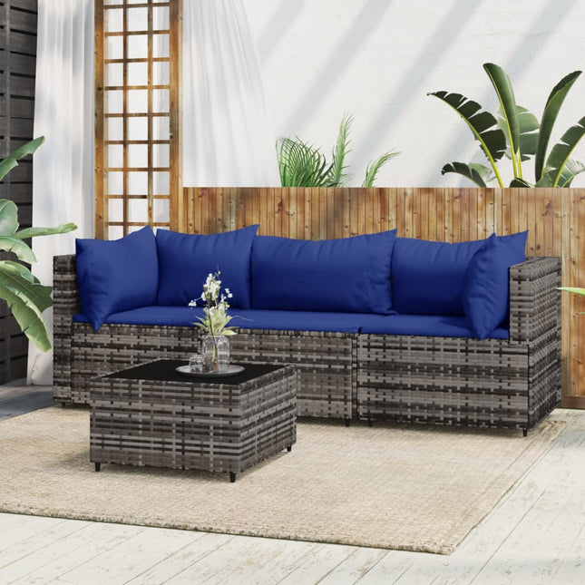 4-Delige Loungeset Met Kussens Poly Rattan Grijs en blauw 2x hoek + midden + Tafel