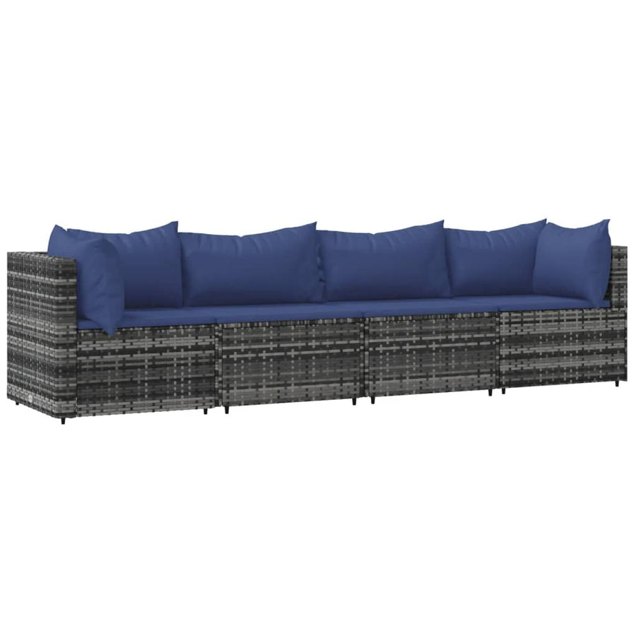 4-Delige Loungeset Met Kussens Poly Rattan Grijs en blauw 2x hoek + 2x midden