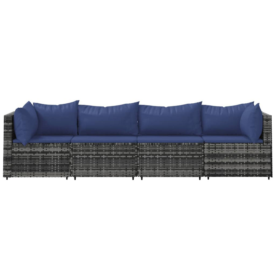 4-Delige Loungeset Met Kussens Poly Rattan Grijs en blauw 2x hoek + 2x midden