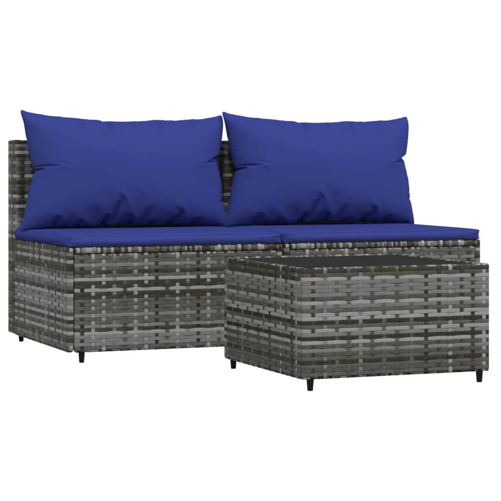 3-Delige Loungeset Met Kussens Poly Rattan Grijs en blauw 2x midden + Tafel