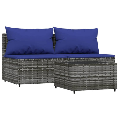 3-Delige Loungeset Met Kussens Poly Rattan Grijs en blauw 2x midden + Tafel