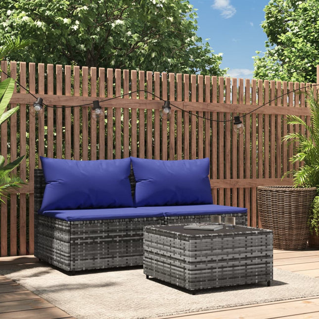 3-Delige Loungeset Met Kussens Poly Rattan Grijs en blauw 2x midden + Tafel