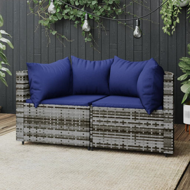 Tuinhoekbanken Met Kussens 2 St Poly Rattan Grijs en blauw 2x hoek