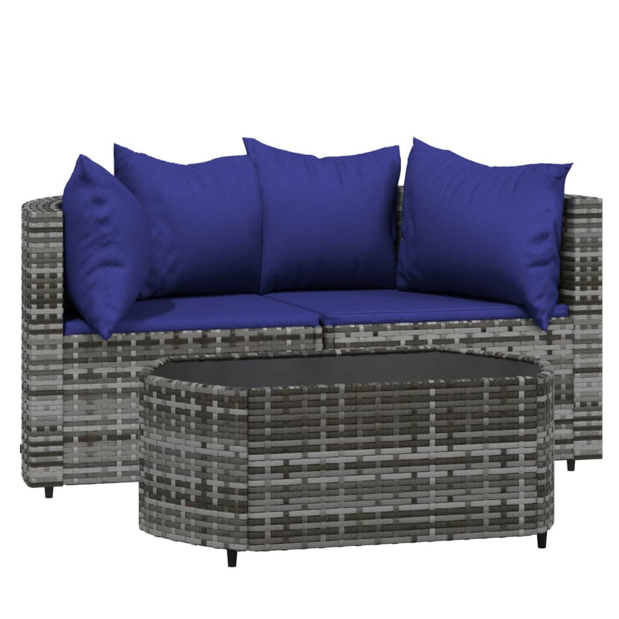3-Delige Loungeset Met Kussens Poly Rattan Grijs en blauw 2x hoek + Tafel