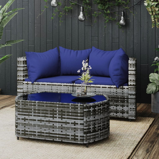 3-Delige Loungeset Met Kussens Poly Rattan Grijs en blauw 2x hoek + Tafel