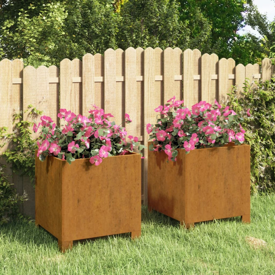 Plantenbakken met poten 2 st roestig 30x30x30 cm cortenstaal