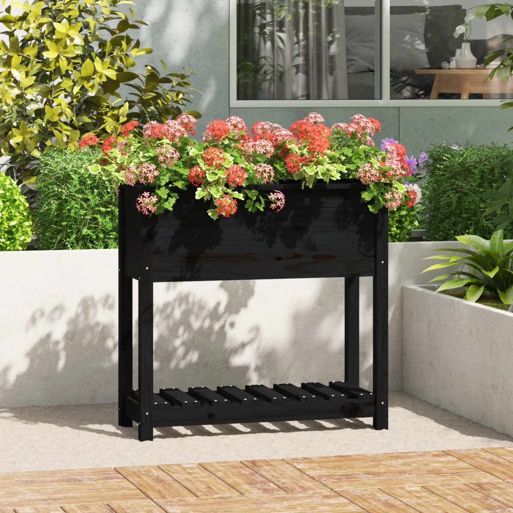 Plantenbak Met Schap 82,5X34,5X81 Cm Massief Grenenhout Zwart